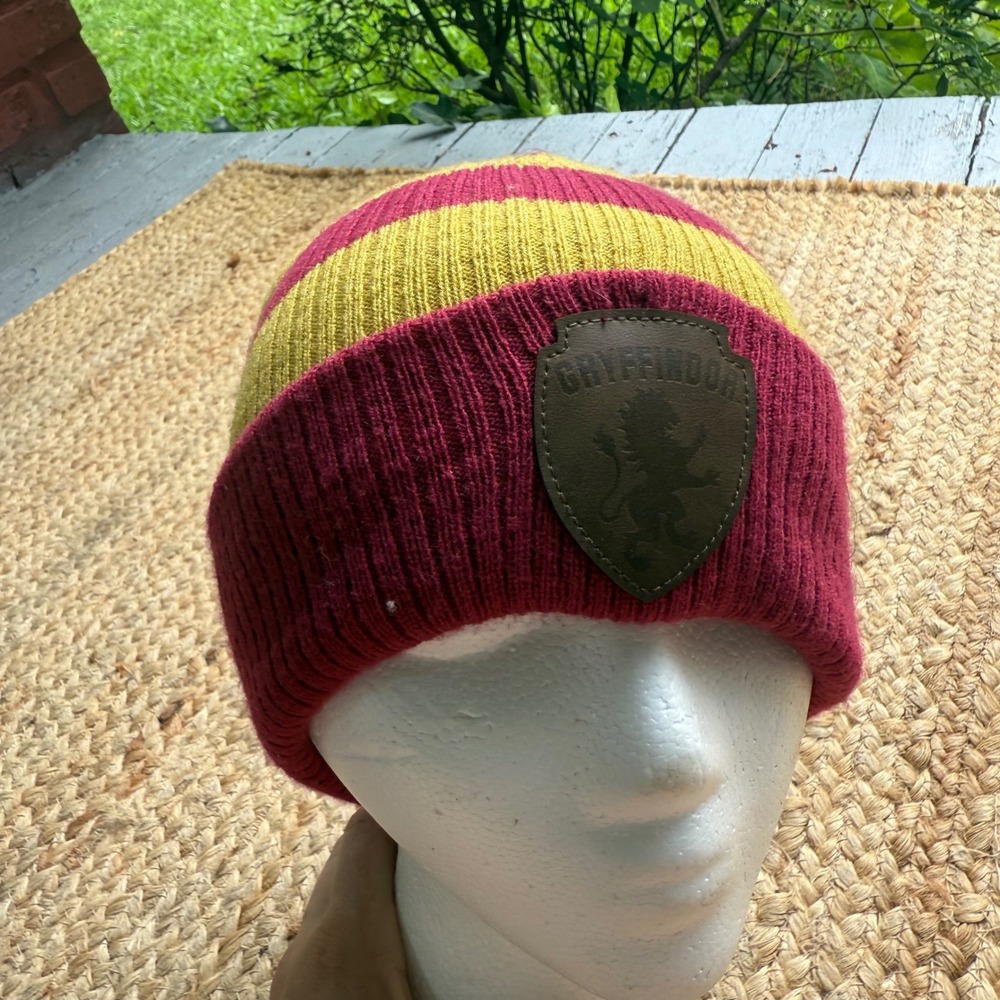 Harry Potter Wizarding World Gryffindor Striped Beanie Hat Faux Leather Patch